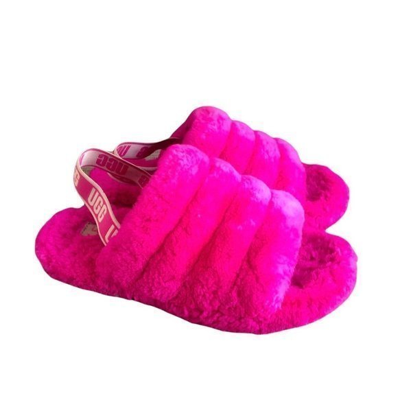 UGG Fluff Yeah big kid's girl pink slide sandal logo strap size